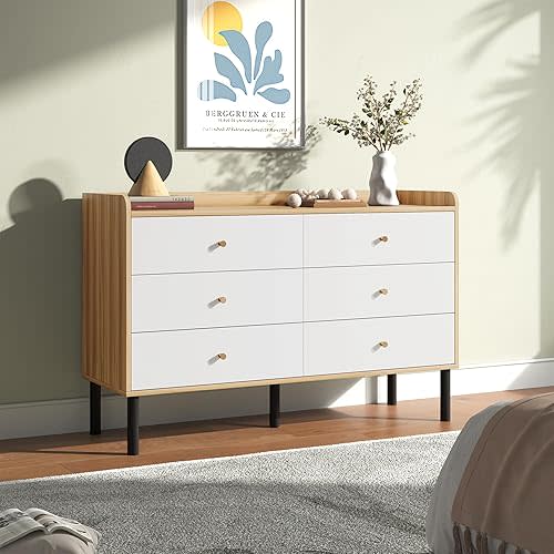 White Dresser for Bedroom, 6 Drawers Natural Wood Dresser with Golden Handles, Modern Wide Chest of Storage Organizer Drawers for Hallway, Entryway