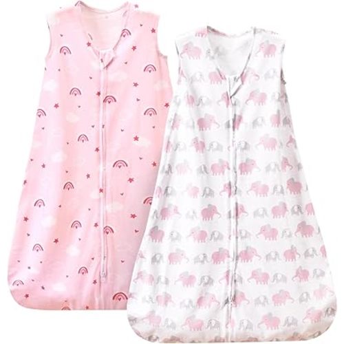 PHF 100% Cotton Baby Sleep Sack, 6-12 Months Baby Wearable Blanket, 2-Way Zipper Infant Sleeping Sack for Baby Boys Girls, 2 Pack Comfy Medium Size Sleeveless Sleeping Bags, Rainbow & Pink Elephant