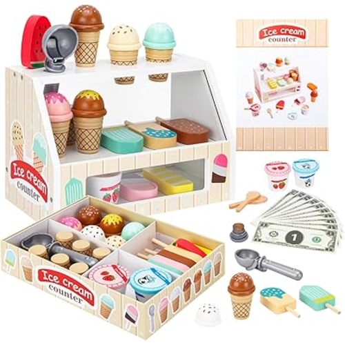 Wooden Ice Cream Toys for Kids Ice Cream Counter Shop for Toddlers Pretend Play Food Scoop and Serve with Scoop & Menu & Fake Money for Boys and Girls Ages 3 4 5 6.