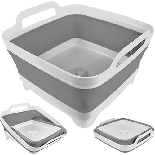 Baoswi Collapsible Wash Basin with Drain Plug - 2.4 Gallon (9L) Portable Sink for RV Camping,Space-Saving Dish Pan and Wash Basin for Baby Bottles - Collapsible Dish Tub (Gray)