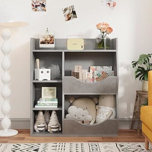 Amyove Kids Bookshelf 3-Tier Toy Storage Organizer Double Side Toy Shelf- 5 Compartment Bookshelf & Toy Shelf for Kids' Room, Bedroom, Living Room, and Kindergarten - for Toys and Books Gray