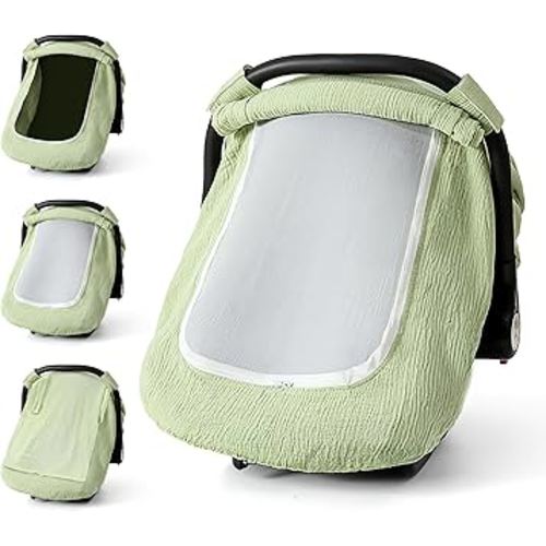 Muslin Cotton Car Seat Cover Baby, Universal Fit Carseat Cover for Baby, Infant Car Seat Cover with Mesh Peep Window, Baby Car Seat Cover for Carrier, Stroller, High Chair, Shopping Cart (Green)