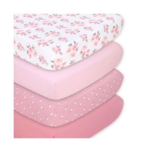 Fitted Crib Sheet Set for Baby Girls, Pink Roses and Floral, 4 Pack Set