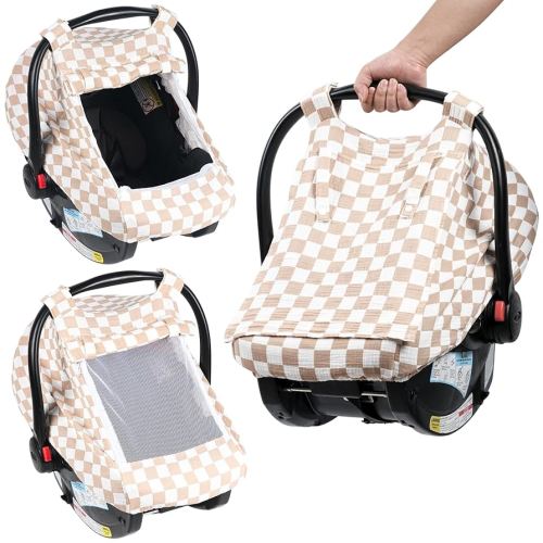 Summer Muslin Car Seat Cover for Baby – Breathable & Privacy Canopy with Large Mesh Window,3 Adjustable Modes,Easy Install Universal Fit for Infant Car Seats (Khaki Checkered)
