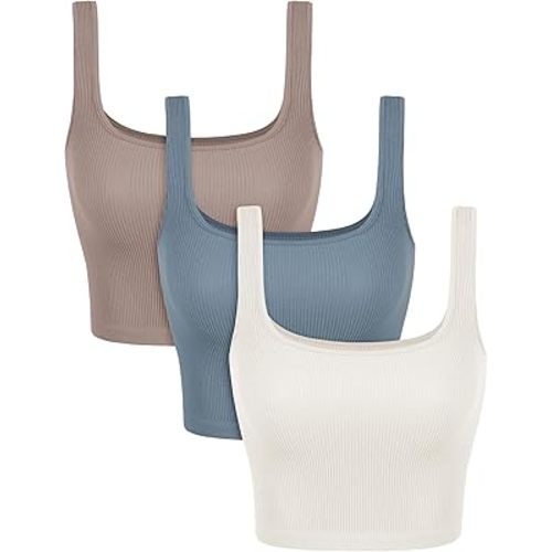 ODODOS 3-Pack Seamless Square Neck Crop Tank for Women Ribbed Knit Soft Low Back Cropped Tops