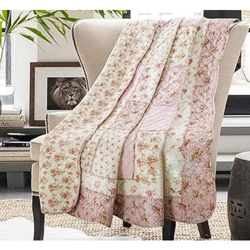 Cozyholy Original 100% Cotton Patchwork Quilt Pink Floral Bedspread Coverlet Reversible Vintage Shabby Chic Quilted Throw Blanket Bed Quilt Cover for Couch Sofa