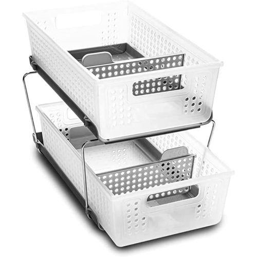Madesmart 2-Tier Plastic Multipurpose Organizer with Divided Slide-Out Storage Bins, Under Sink and Cabinet Organizer Rack, Frost