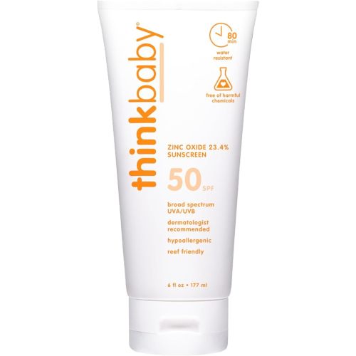 Thinkbaby SPF 50+ Baby Sunscreen, 6 Oz. – Safe, Natural Mineral Sun Cream for Babies - Water Resistant – Broad Spectrum UVA/UVB Sun Protection – Vegan Sunscreen for Kids