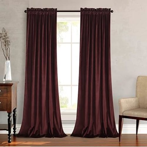 Roslynwood Velvet Ruby Wine Curtain 90 inch Long - Curtains Block Light Rod Pocket Thermal Insulated Window Drapes Set for Living Room/Bedroom/Dining Room, W52 x L90, 2 Panels