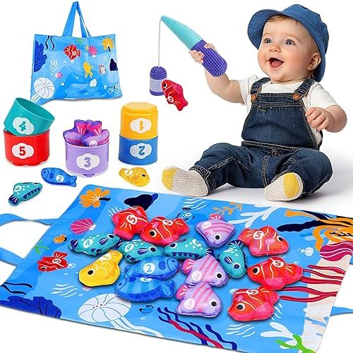 Montessori Toys for 1 Year Old - Cloth Fishing Game Baby Toys 6-12 12-18 Months with Stacking Cups - Sorting Learning Toddler Toy Age 1-2 - Babies First Birthday Gifts for 1 2 3 Year Boy Girl