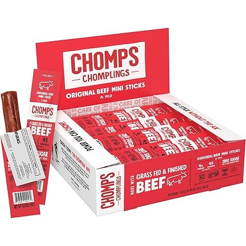 Chomps Snack Size Grass-Fed and Finished Original Beef Jerky Snack Sticks 0.5oz 24-Pack - Keto, Paleo, Whole30, 4g Lean Meat Protein, Gluten-Free, Zero Sugar Food, Non-GMO Chomplings