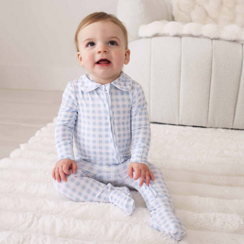 Peter Pan Collar Zipper Footie | Dusty Blue Gingham