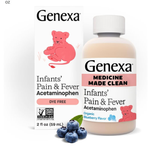 Genexa Infants' Clean Acetaminophen | Pediatrician Preferred Ingredients | Pain Reliever & Fever Reducer for Babies | Dye Free, 0% Artificial Additives | Delicious Organic Blueberry Flavor, 2 fl oz