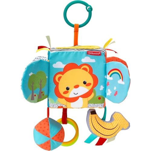 Infantino Peek & Seek Discovery Cube - Soft Development Toy, Peek-A-Boo Mirror, Clacker Rings, Crinkle & Rattle Sounds - Sensory Play, Ages 3 Months +