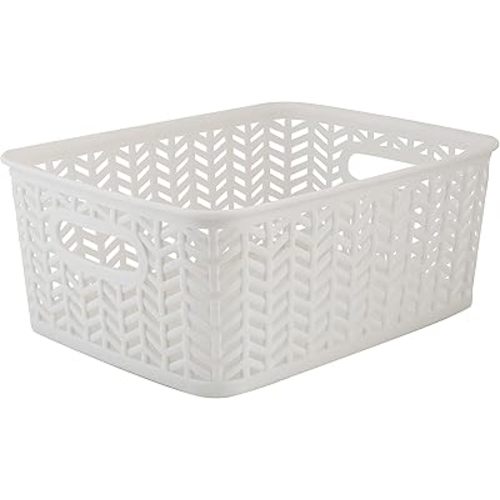 Simplify Small Herringbone Bin Storage Tote Basket Organizer Decorative, Good for Closets, Countertops, Desks, Dressers, Accessories, Cleaning Products, Sports Equipment, Toys, White