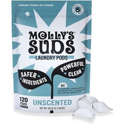 Molly's Suds Laundry Detergent Pods | Natural Detergent for Sensitive Skin | Ultra Concentrated and Stain Fighting | Unscented - 120 Count (Value Pack)