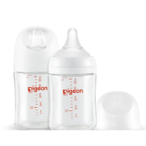 Pigeon Glass Nursing Bottle Wide Neck, Anti-Colic, Streamlined Body, Natural Feel, Easy to Clean, Heat-Resistant, 5.4 Oz(Pack of 2), Includes 2pcs SS Nipples (0m+)