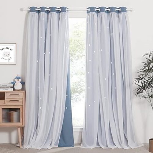 NICETOWN Kids Curtains Blackout Curtains for Bedroom Baby Window Decoration, Double Layer Star Cut Out Aesthetic Living Room Decor Wall Home Nursery Curtains, Set of 2, 52 Wide x 84 Long， Stone Blue