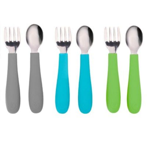 Weesprout Toddler Utensils, 3 Forks & 3 Spoons, 18/8 Stainless Steel & Food Grade Silicone - Bright Blue, Green, Gray