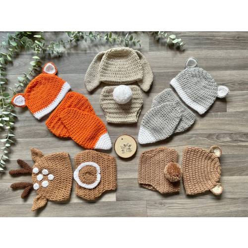 Unisex Baby Outfit | Woodland Animal | Handmade | Fox Wolf Deer Bunny Bear | Newborn Photography Prop | Baby Shower Gift | Crochet