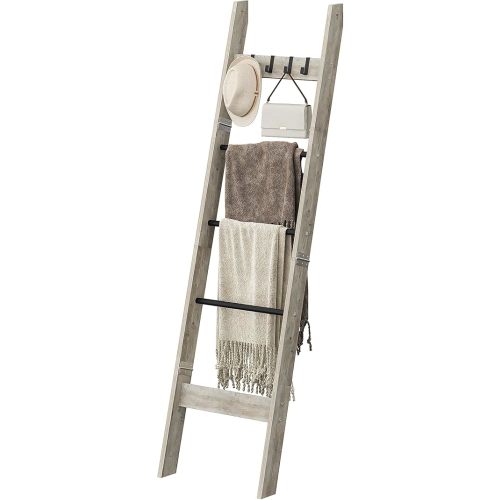 Blanket Ladder for Living Room, Decorative Quilt Rack with 4 Removable Hooks, 5-Tier Farmhouse Ladder Holder Shelf Organizer for Bedroom, Greige and Black BR02105B
