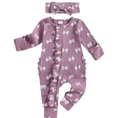 2pcs Bow Print Ruffled Onesie (Purple)