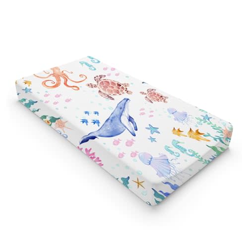 Colorful Nautical Life Changing Pad Cover Ocean Animals Corals Sea Weeds Baby Change Table Pad Cover for Boys Girls Soft Stretchy Fitted Diaper Changing Mat Sheets 32''x16''