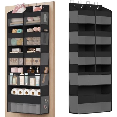SONGMICS Over-the-Door Organizer, 9-Compartment Door Hanging Storage Shelf, Foldable Closet Hanging Organizer, Heavy-Duty, Metal Hooks, Transparent, Ink Black URDH009BH01