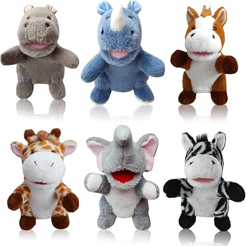 6 Pcs Animal Hand Puppets for Kids - 10 Inches Soft Plush with Movable Mouth, Interactive for Toddler Hands, Including Grassland Animals, Imaginative Role Play, Storytelling, Birthday & Easter Gifts
