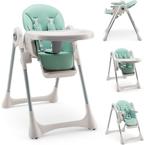 BABY JOY Convertible High Chair for Babies & Toddlers, Foldable Highchair with Adjustable Backrest/Footrest/Seat Height, Double Removable Tray, Detachable PU Cushion, Built-in Front Wheels (Green)