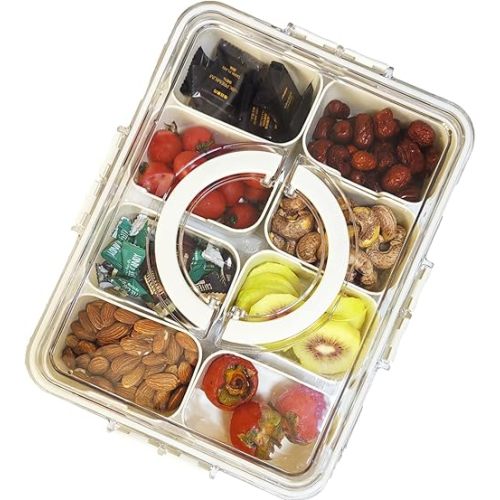 Divided Clear Snackle Box Container, Serving Tray with Lid & Handle, Charcuterie Board Container Storage Organizer for Fruit, Candy, Veggie, Nuts & Snacks, Perfect for Party, Travel, & Picnic