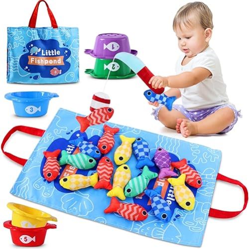 Montessori Toys for 1 Year Old, 22PCS Cloth Fishing Game for Toddler 1-3 with Stacking Cups, Baby Fishing Toy for Number Counting, Color Sorting, Shape Learning, Boy Girl Gift