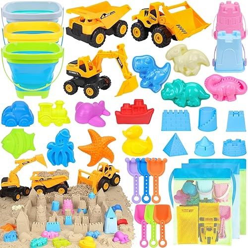 Beach Toys, Sand Toys for Kids Boys and Girls with 3 Construction Vehicles, 3 Collapsible Bucket, Sand Castle Building Kit, Sand Molds, Mesh Bag, Outdoor Toys for Kids Ages 4-8