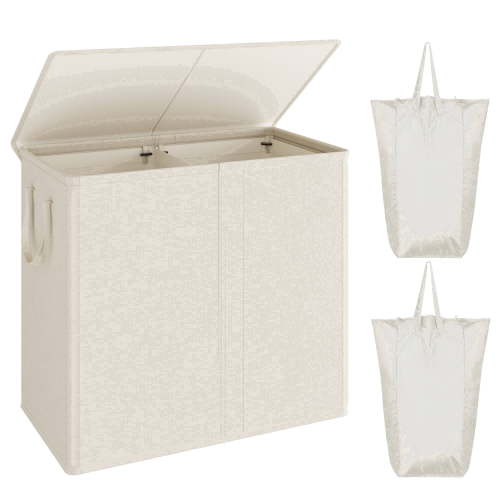 BGTREND Double Laundry Hamper with Lid 110L Laundry Basket with Removable Liner Bags Collapsible Laundry Sorter Dirty Clothes Hamper (Beige)