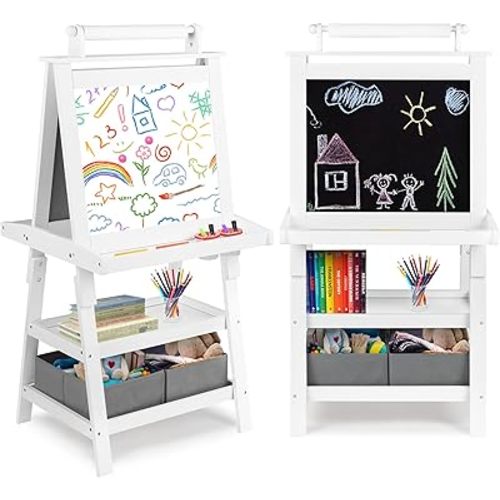 Art Easel for Kids, 3 in 1 Wooden Toddler Easel w/Magnetic Whiteboard, Chalkboard & Paper Roll, Painting Easel with 2 Shelves and 2 Storage Bins, Standing Easel for Boys Girls, White