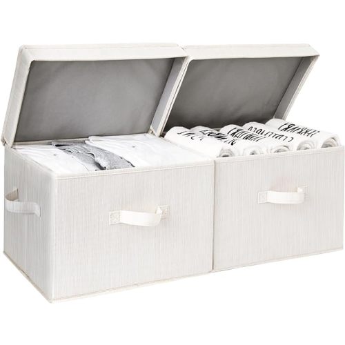 StorageWorks Fabric Storage Bins with Lid, Decorative Storage Boxes for Shelves, Stackable Closet Organizer Basket with Handles, Large, Khaki and Beige Stripes, 2-Pack