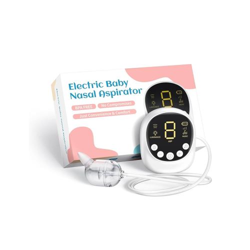 Aspirador nasal para bebé, grado hospitalario, succión eléctrica de nariz con succión ajustable de 9 niveles, recargable con luz nocturna y rima de guardería, color blanco
