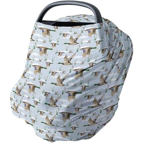 HawSkgFub Mallard Duck Hunting 5-in-1 Car Seat Cover for Baby Boy Girl Gift, Blue Wild Animal Hunter Reed Privacy Breastfeeding Nursing Cover, Newborn Infant Multi-use Carseat Canopy Carrier