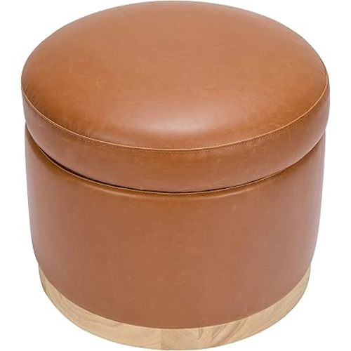 Babyletto Naka Storage Ottoman in Tan PU Leather with Light Wood Base, Greenguard Gold and CertiPUR-US Certified
