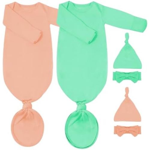 2Pack Newborn Baby Knotted Gown, Super Soft Modal Infant Long Sleeve Sleeper with Hat and Headband Set