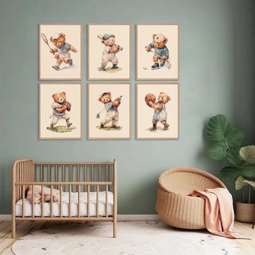 Nursery Bear Wall Art Boy Sports Canvas Wall Decor Baby Nursery Prints Vintage Teddy Bear Poster Boy Room Wall Art Kids Animal Pictures Bear Painting for Bedroom Playroom 12x16x6 Inch Unframed