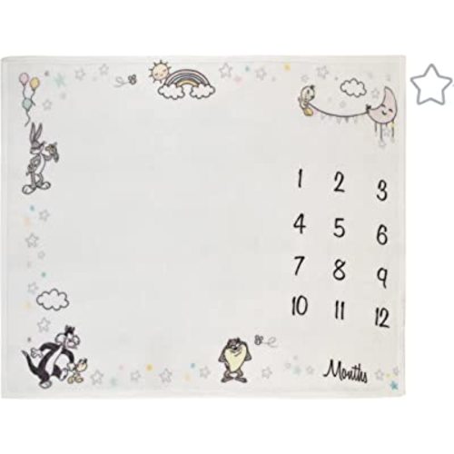 Warner Brothers Looney Tunes Best Buds White with Pastel Blue, Pink, and Yellow Bugs Bunny, Tweety, Tasmanian Devil, and Sylvester The Cat Milestone Blanket