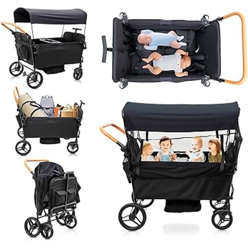 Stroller Wagon for 4 Kids Seated-Tandem Fold Stroller Push-Pull Lightweight Travel Trolley with 5-Point Harness,Adjustable Handle and Canopy,Mosquito Net,Footwells,Child Tray,Cup Holder,Storage