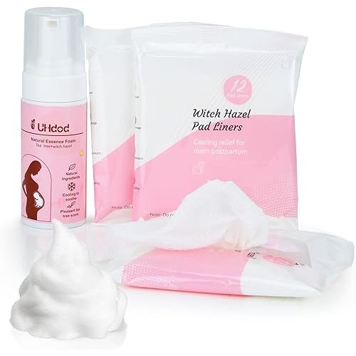 UHdod Witch Hazel Perineal Soothing Foam & Perineal Cooling Pad Liners for Postpartum Care - Postpartum Essentials Recovery Kit Includes 5 Fl Oz Witch Hazel Foam, 36 Perineal Cooling Pad Liners