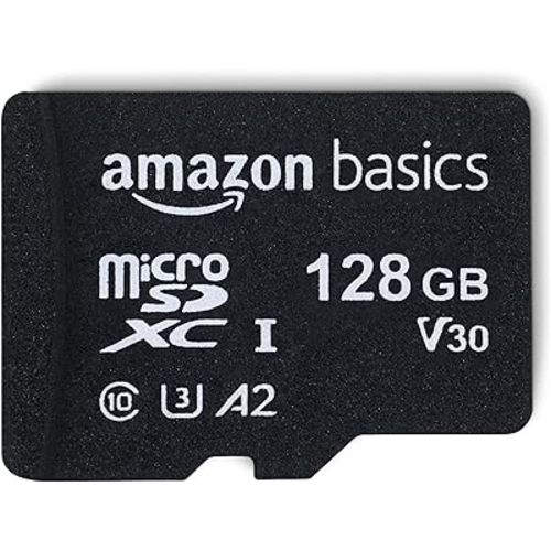 Amazon Basics Micro SDXC Memory Card with Full Size Adapter, A2, U3, Read Speed up to 100 MB/s, 128 GB, Black