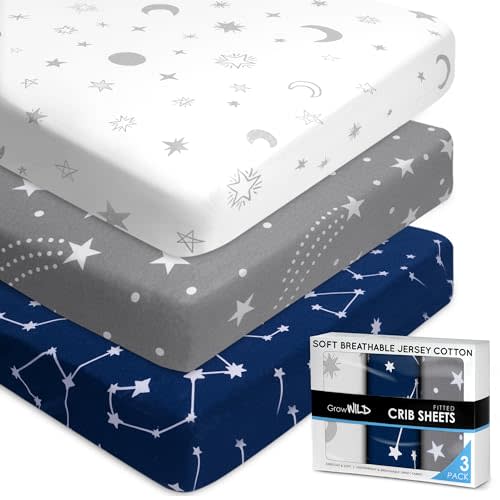 GROW WILD Crib Sheets for Boys or Girls | 3 Pack Soft Stretchy Jersey Cotton Fitted Crib Sheet Neutral | Grey White Navy Blue Baby Crib Sheets for Girl, Crib Mattress Sheet or Toddler Bed Sheets