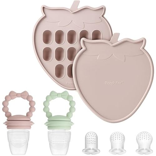 PandaEar Baby Food Freezer Tray & 2 Pack Baby Fruit Food Feeder Pacifier, Baby Fruit Food Feeder Teether Tray Ice Cube Maker, Breastmilk Popsicle Molds for Baby Teething Relief