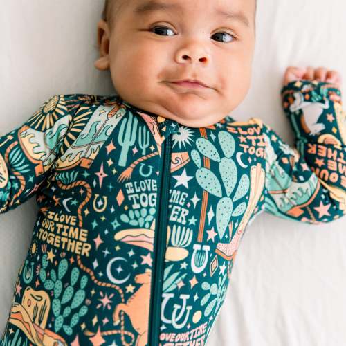 Wild West | Bamboo Footie Onesie Sleeper | "I Love Our Time Together" | Thermo-Regulating, Double Zipper, 4-Way Stretch | Raising Mama