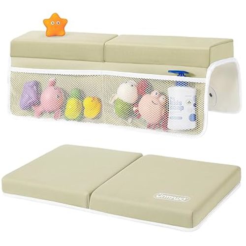 URMYWO Bath Kneeler and Elbow Rest Pad Set - 1.5" Thick Baby Bath Kneeler Pads with Toys Organizer, Anti-Slip Cozy Knee & Arm Support Bathtub Mat, Quick Dry Kneeling Pad for Baby Bath Time