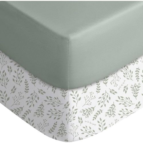 Yoofoss Pack and Play Sheets Fitted, Mini Crib Sheets 2-Pack for Pack N Play Mattress, Stretchy Playard Sheet, Soft and Breathable Green + Leaf